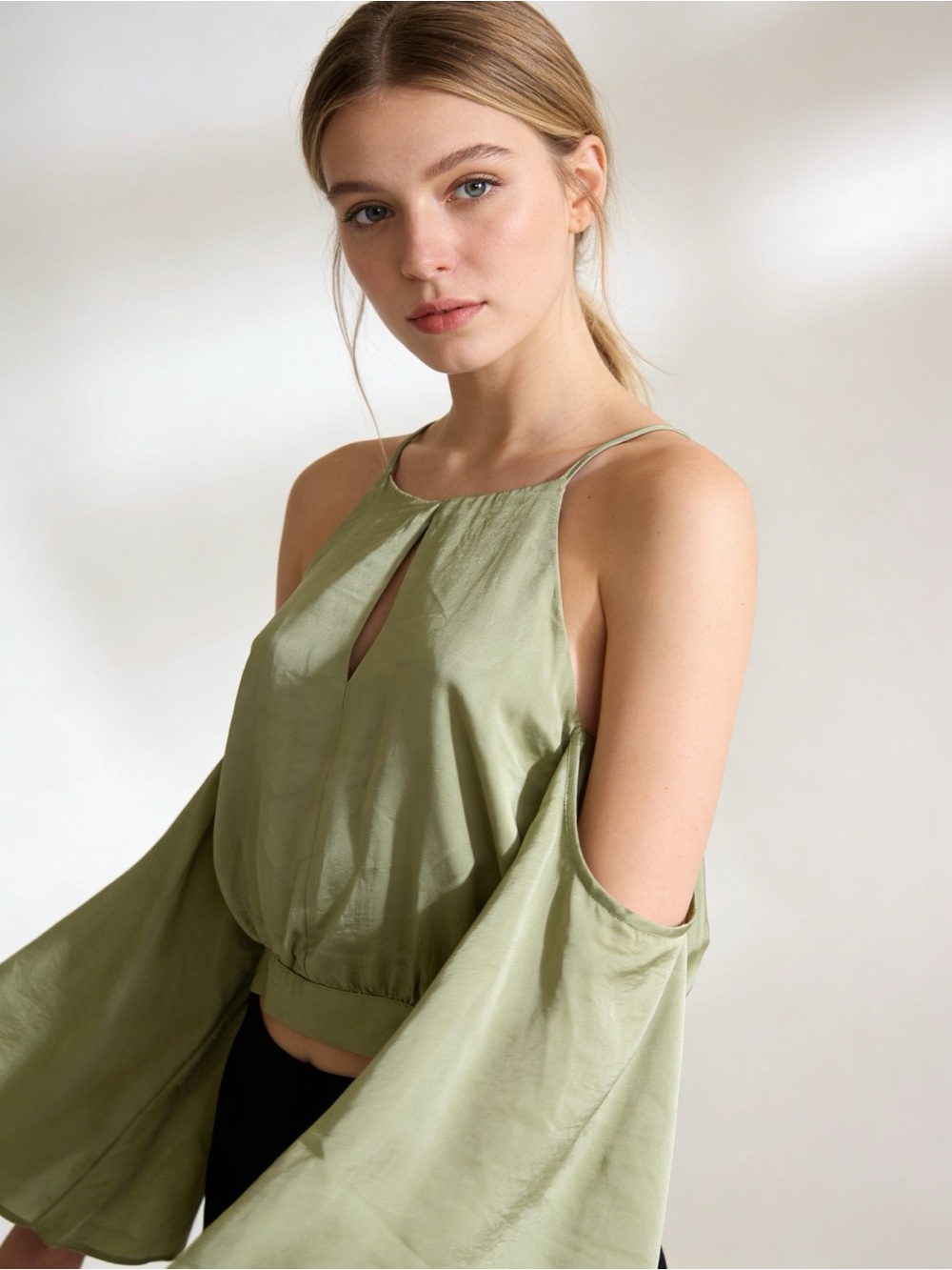 Jealous Tomato Sage Green Cold Shoulder Bell Sleeve Halter Top Size L